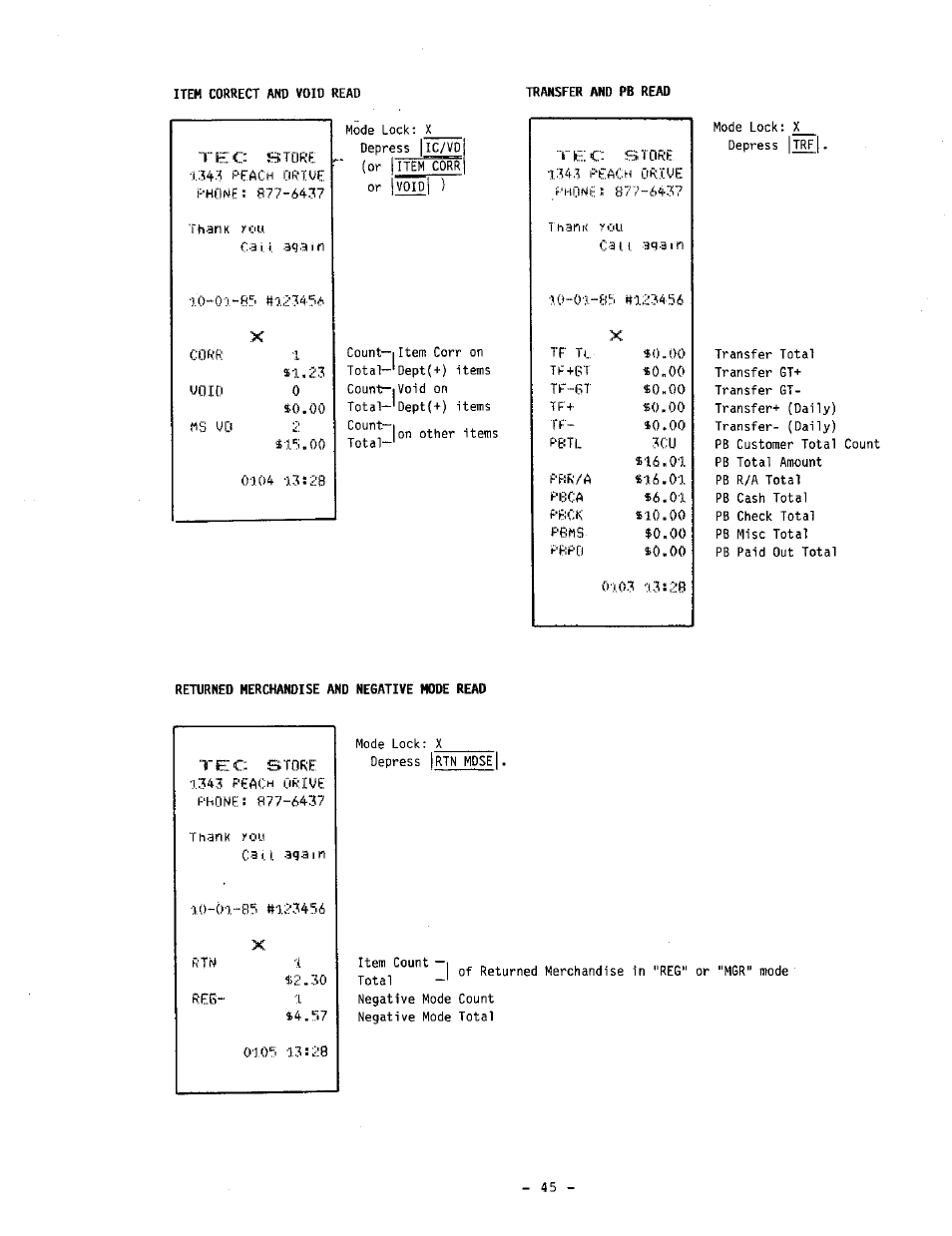 Item correct and void read, Returned merchandise and negative mode read, Oo:r.o | Toshiba TEC MA-1060-100 Series User Manual | Page 49 / 118