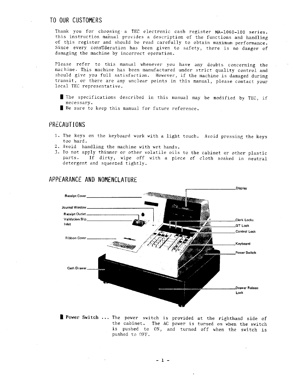 Precautions, Appearance and nomenclature | Toshiba TEC MA-1060-100 Series User Manual | Page 5 / 118