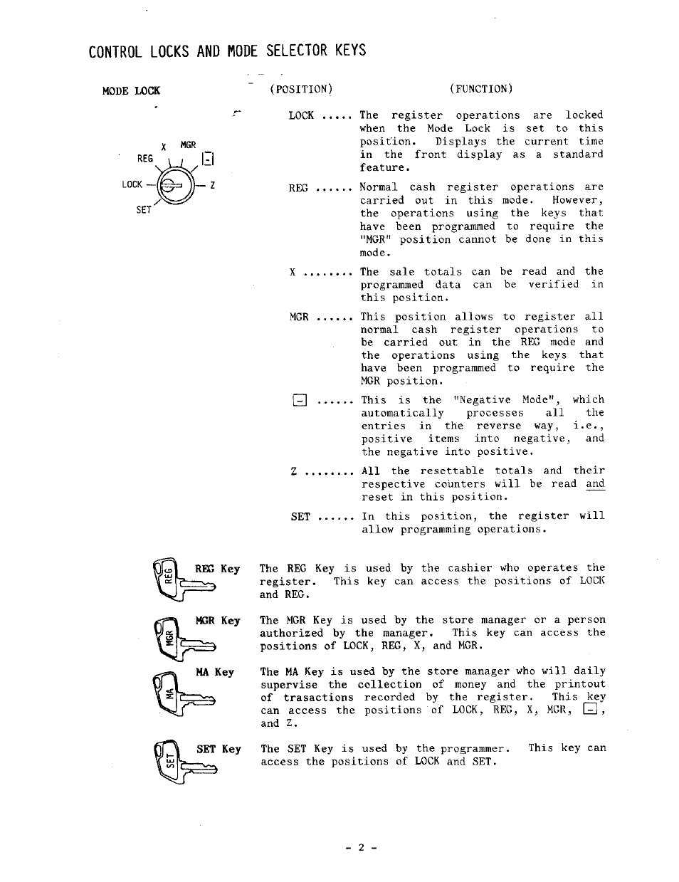 Control locks and mode selector keys | Toshiba TEC MA-1060-100 Series User Manual | Page 6 / 118