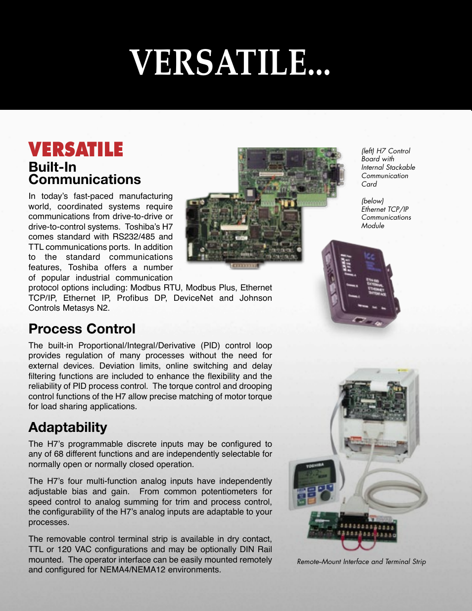 Versatile, Built-in communications, Process control | Adaptability | Toshiba Adjustable Speed Drive H7 Series User Manual | Page 3 / 8