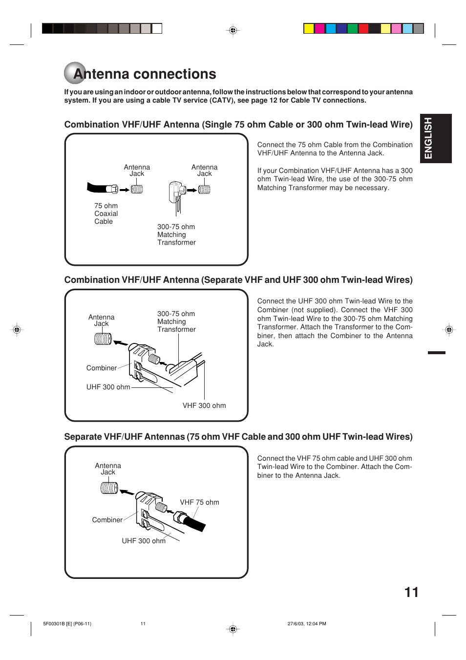 Antenna connections, English | Toshiba MD20FN1C/R User Manual | Page 11 / 45