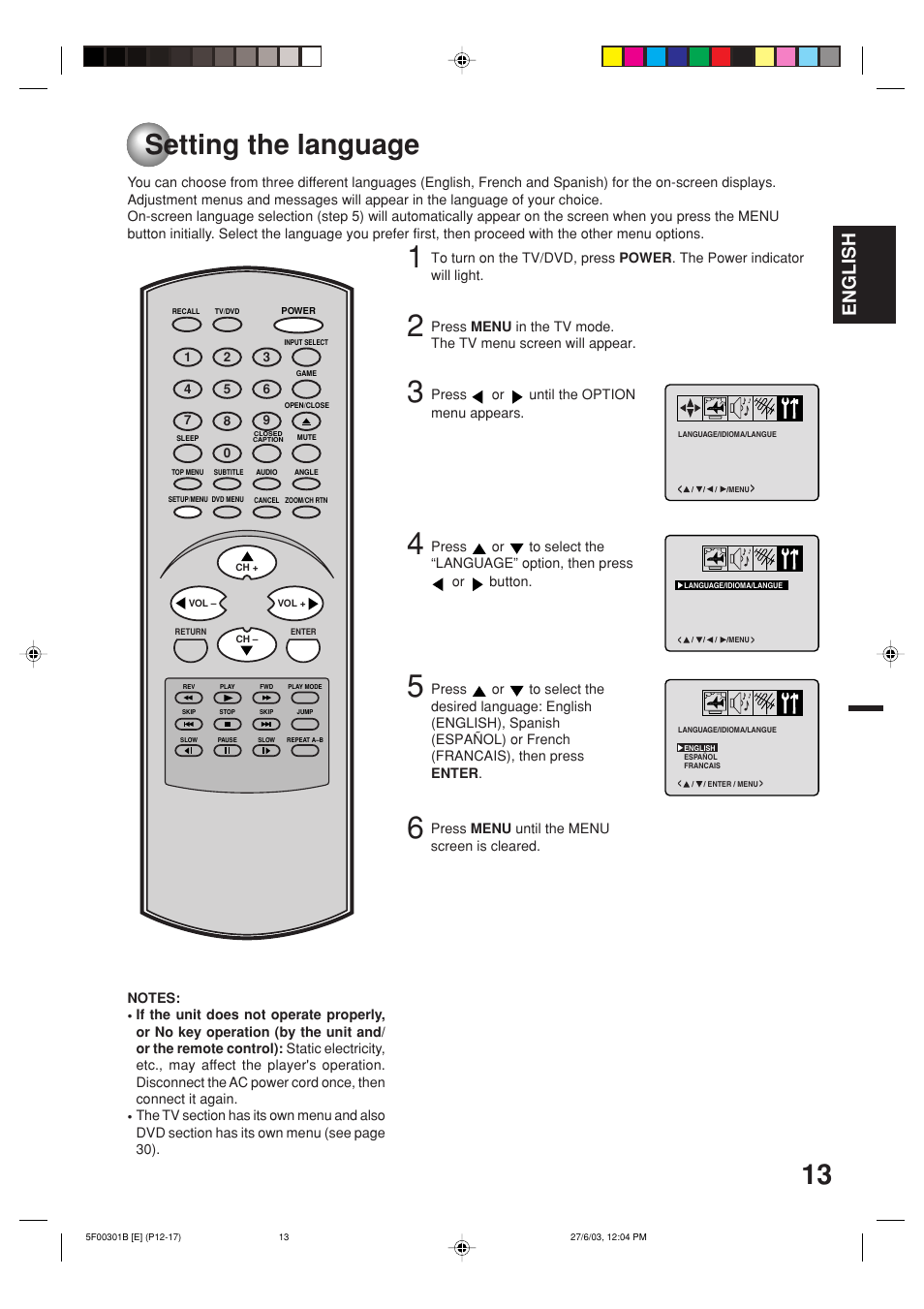 Tv operation, Setting the language, English | Toshiba MD20FN1C/R User Manual | Page 13 / 45