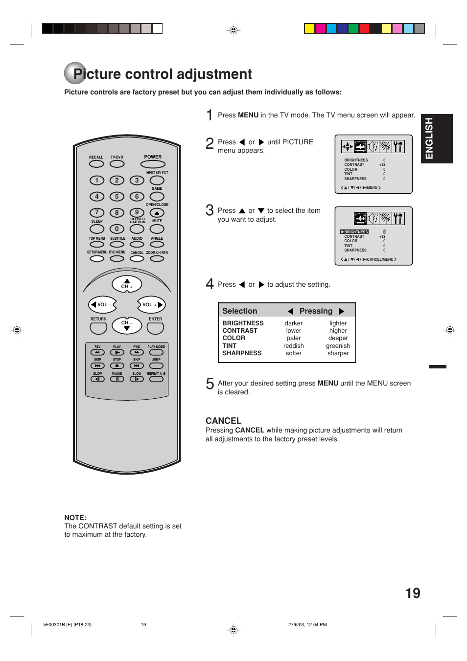 Picture control adjustment, English, Cancel | Selection pressing | Toshiba MD20FN1C/R User Manual | Page 19 / 45