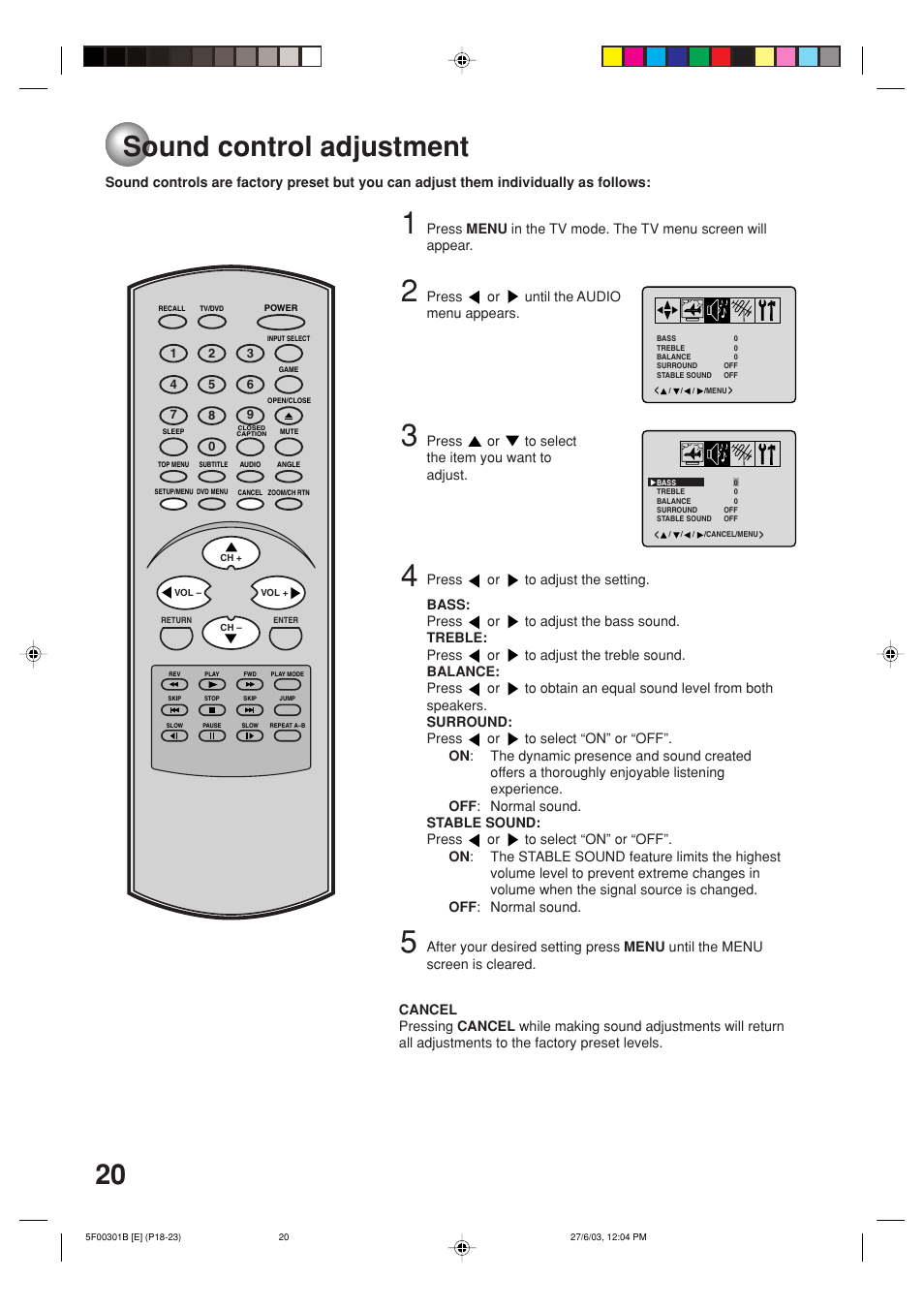 Sound control adjustment, 20 sound control adjustment | Toshiba MD20FN1C/R User Manual | Page 20 / 45