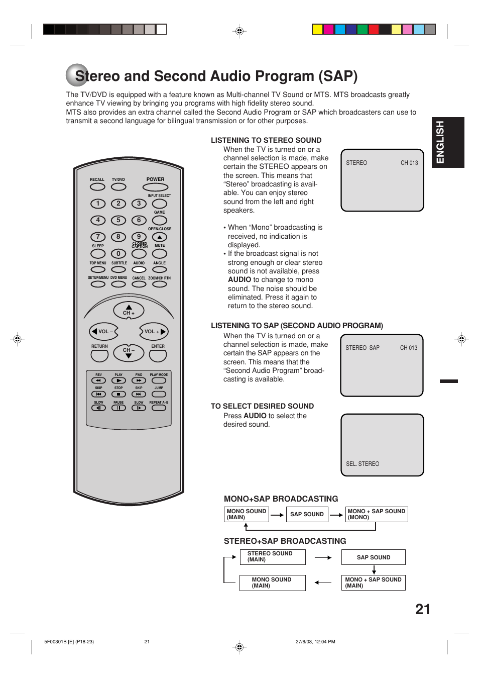 Stereo and second audio program, Stereo and second audio program (sap), English | Mono+sap broadcasting, Stereo+sap broadcasting, Listening to sap (second audio program) | Toshiba MD20FN1C/R User Manual | Page 21 / 45