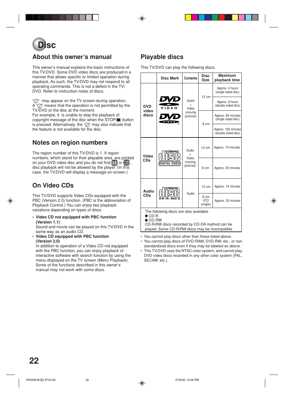 Playback operation, Disc, About this owner’s manual | On video cds, Playable discs | Toshiba MD20FN1C/R User Manual | Page 22 / 45