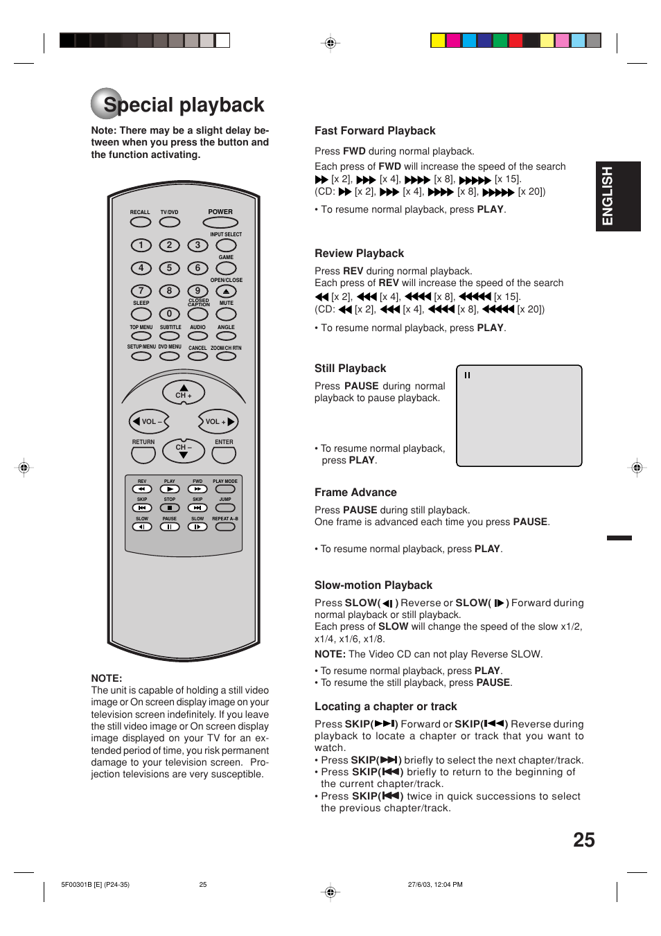 Special playback, English, Fast forward playback | Review playback, Still playback, Frame advance, Slow-motion playback, Locating a chapter or track | Toshiba MD20FN1C/R User Manual | Page 25 / 45