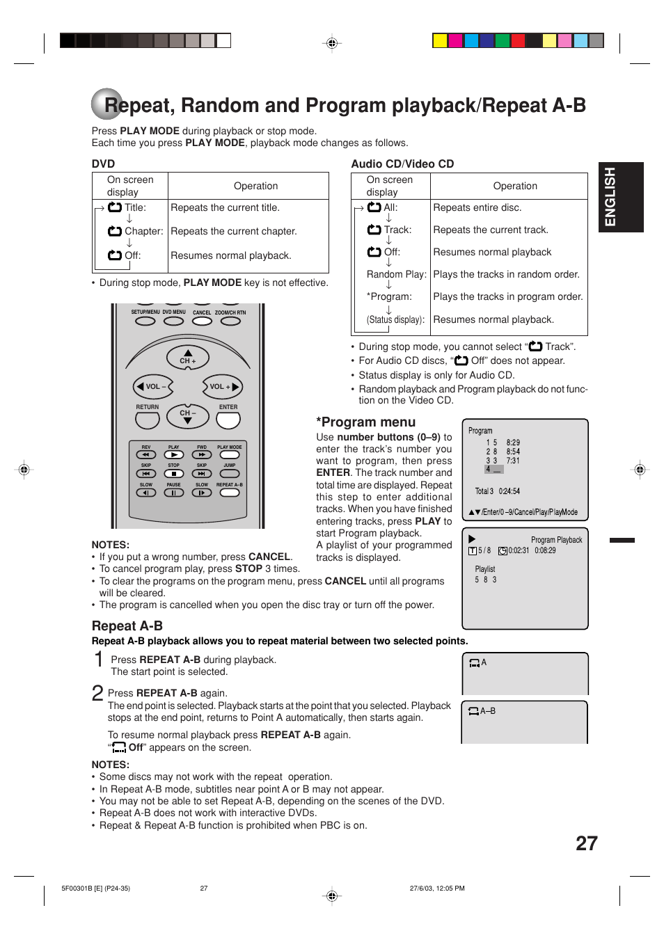 Repeat,random and program playback/repeat a-b, Repeat, random and program playback/repeat a-b, English *program menu | Repeat a-b | Toshiba MD20FN1C/R User Manual | Page 27 / 45