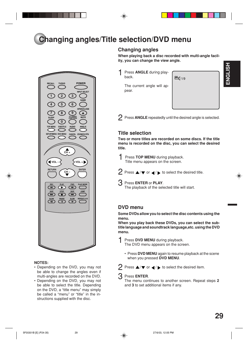 Changing angles/title selection/dvd menu, English, Changing angles | Title selection, Dvd menu | Toshiba MD20FN1C/R User Manual | Page 29 / 45