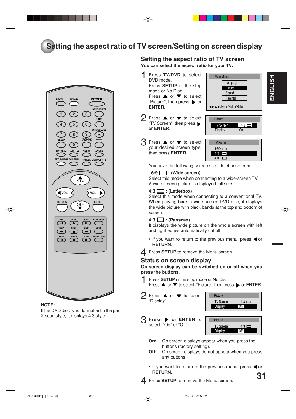 English, Setting the aspect ratio of tv screen, Status on screen display | Toshiba MD20FN1C/R User Manual | Page 31 / 45