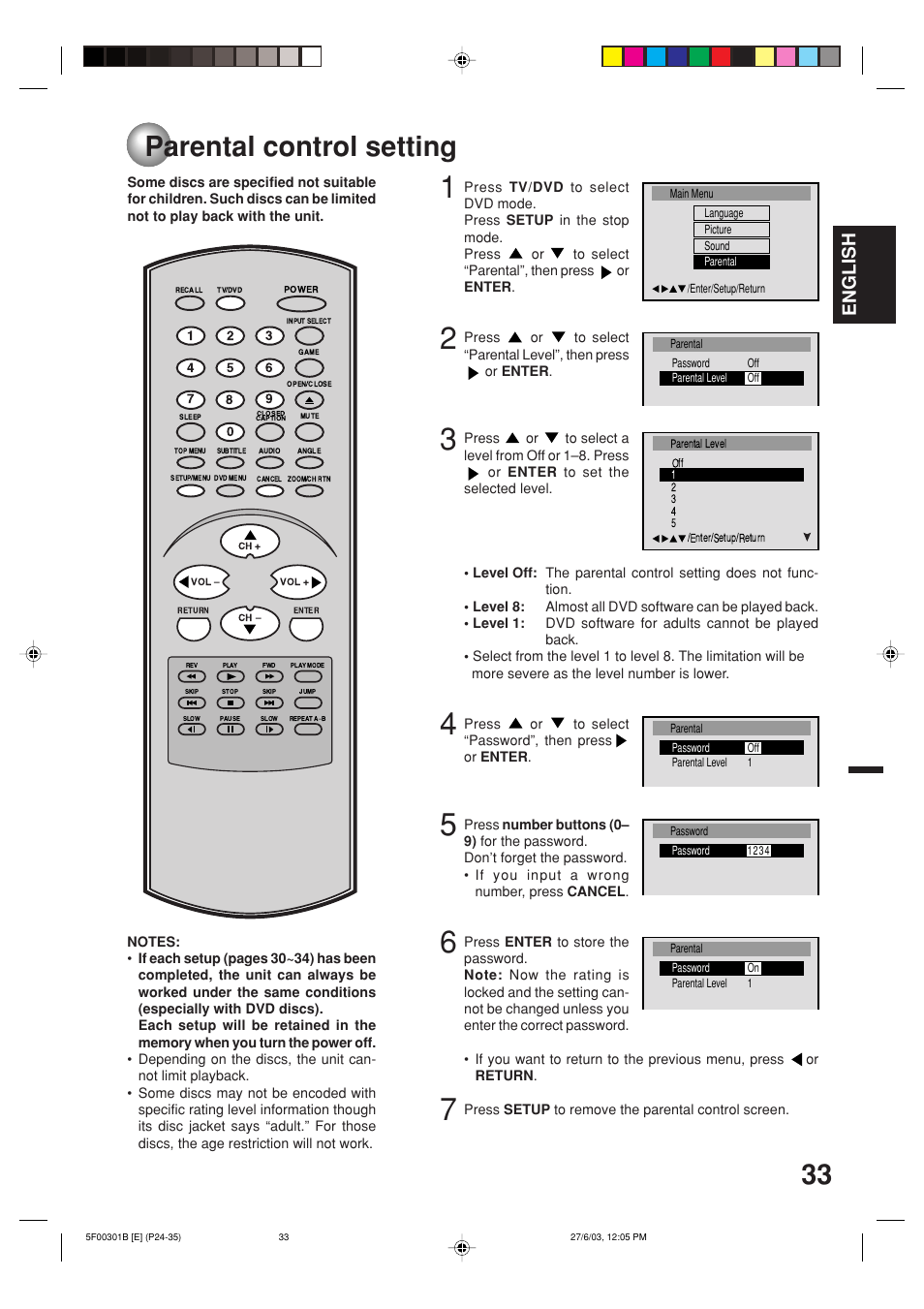 Parental control setting, English | Toshiba MD20FN1C/R User Manual | Page 33 / 45