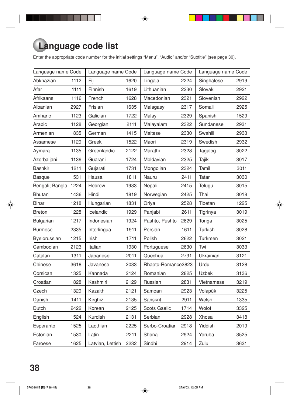 Language code list, 38 language code list | Toshiba MD20FN1C/R User Manual | Page 38 / 45