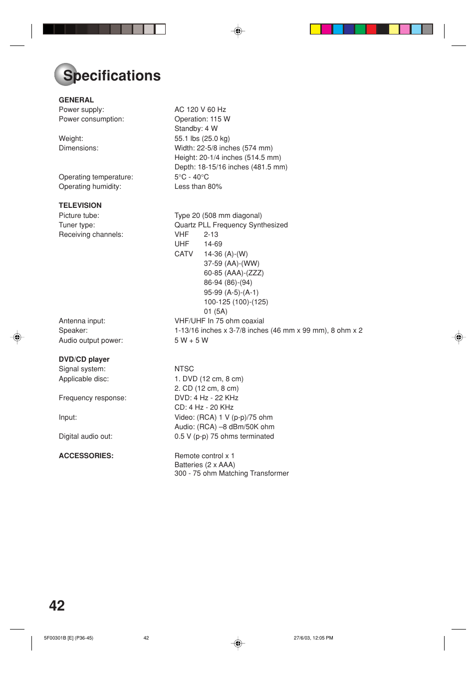 Specifications | Toshiba MD20FN1C/R User Manual | Page 42 / 45