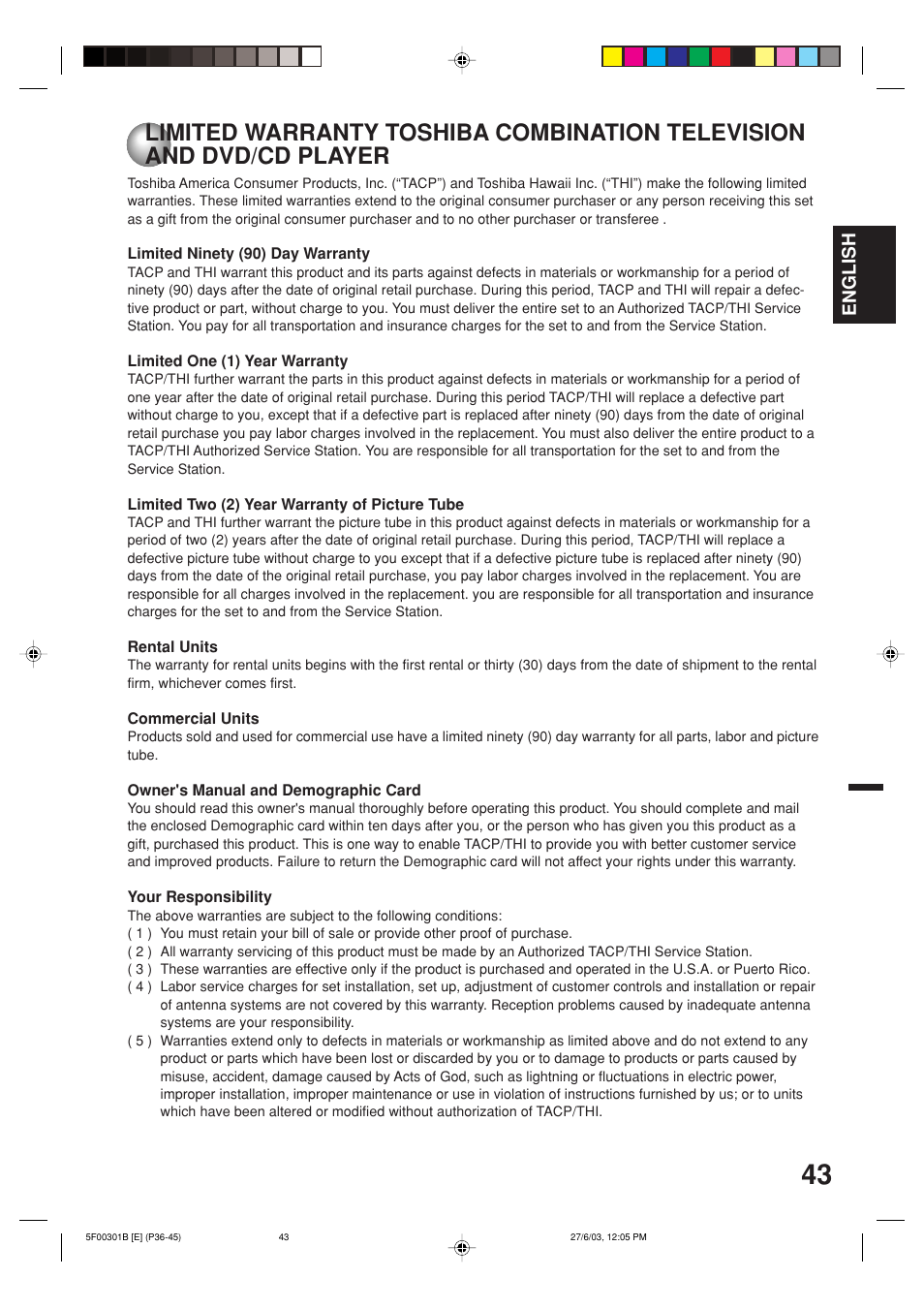 Limited warranty, English | Toshiba MD20FN1C/R User Manual | Page 43 / 45