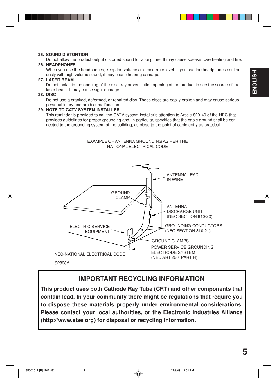 Important recycling information, English | Toshiba MD20FN1C/R User Manual | Page 5 / 45