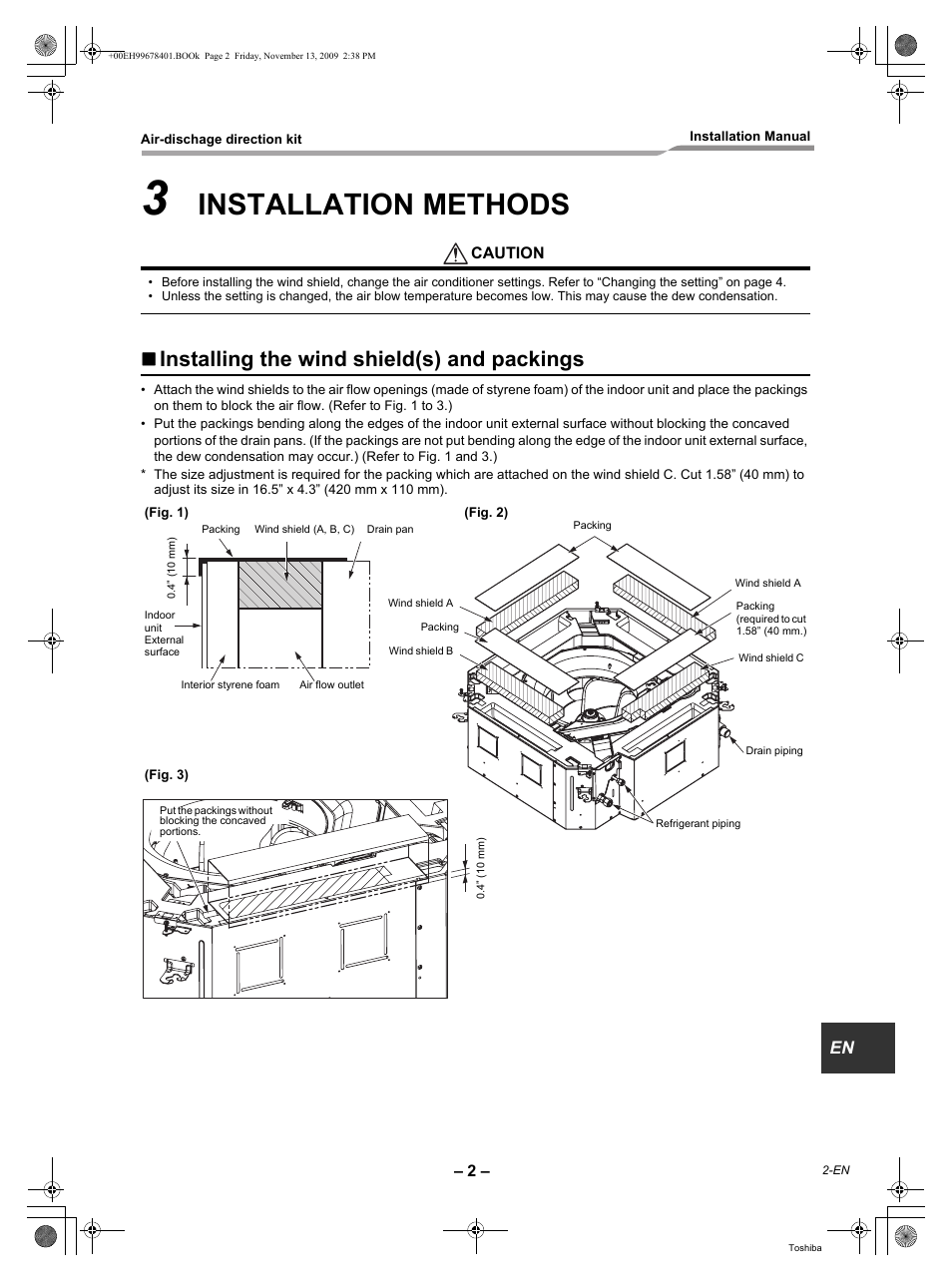 Installation methods, Installing the wind shield(s) and packings | Toshiba CARRIER TCB-BC1602UUL User Manual | Page 3 / 8