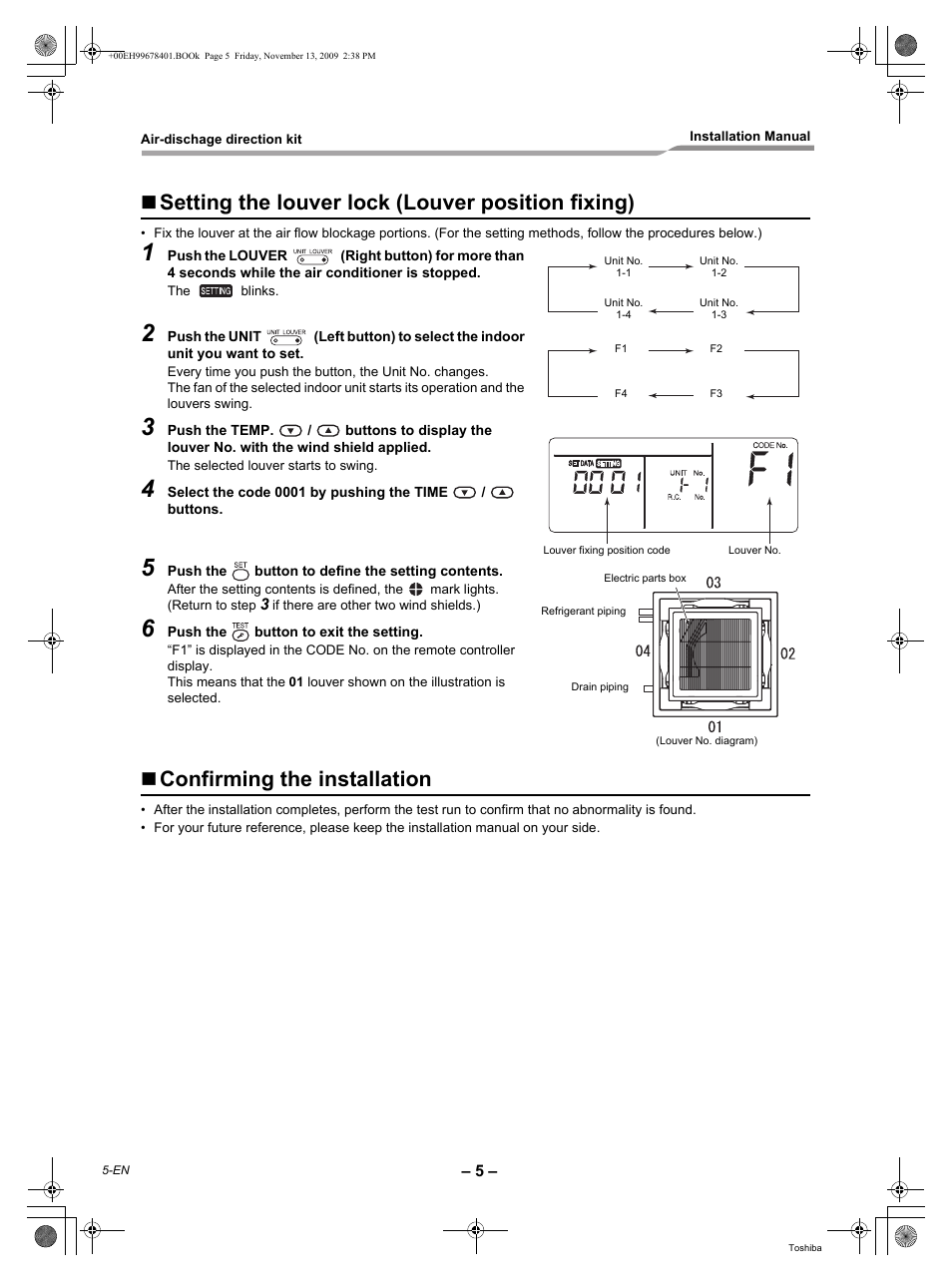 Setting the louver lock (louver position fixing), Confirming the installation | Toshiba CARRIER TCB-BC1602UUL User Manual | Page 6 / 8
