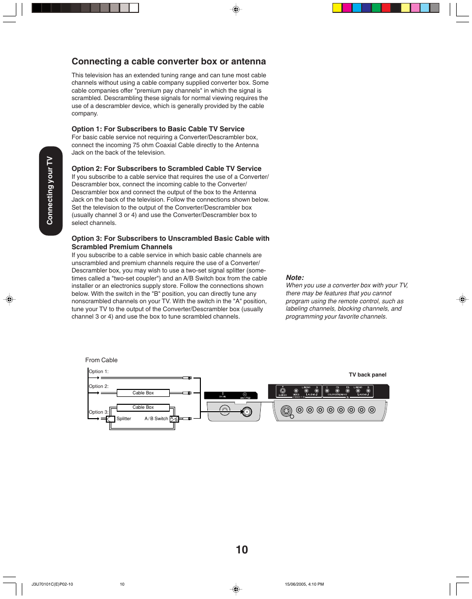 Connecting a cable converter box or antenna | Toshiba 20HL85 User Manual | Page 10 / 48