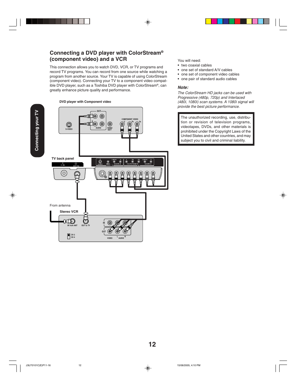 Connecting a dvd player with colorstream, Component video) and a vcr, Connecting your tv | Toshiba 20HL85 User Manual | Page 12 / 48