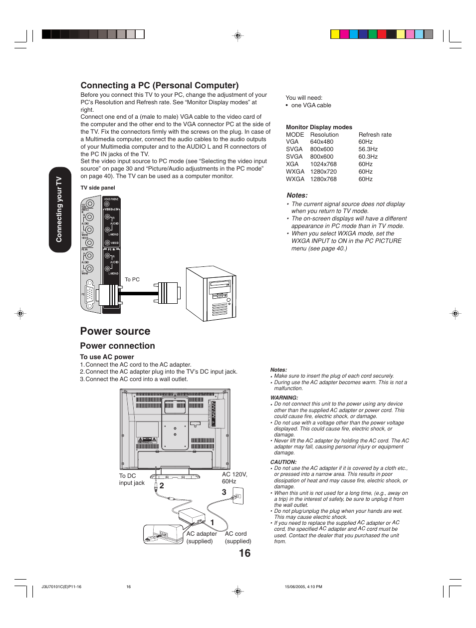 Power source, Connecting a pc (personal computer), Power connection | Toshiba 20HL85 User Manual | Page 16 / 48