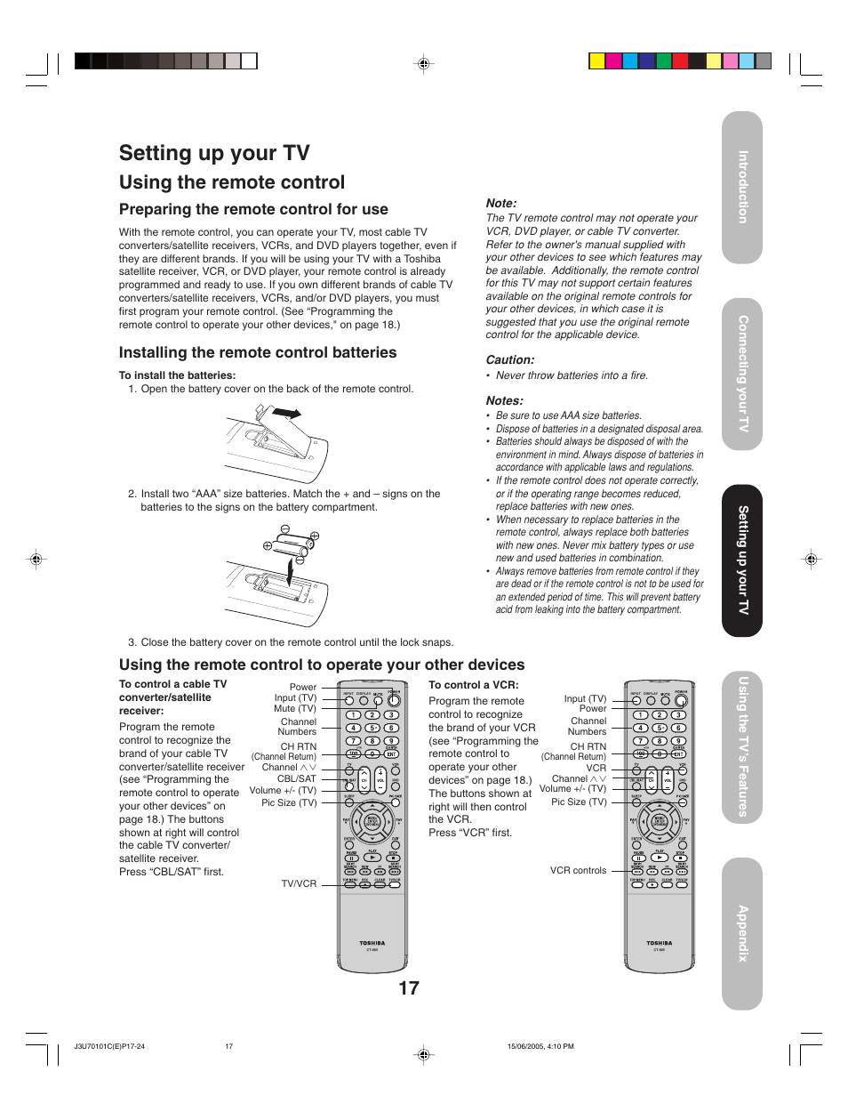 Setting up your tv, Using the remote control, Preparing the remote control for use | Installing the remote control batteries | Toshiba 20HL85 User Manual | Page 17 / 48