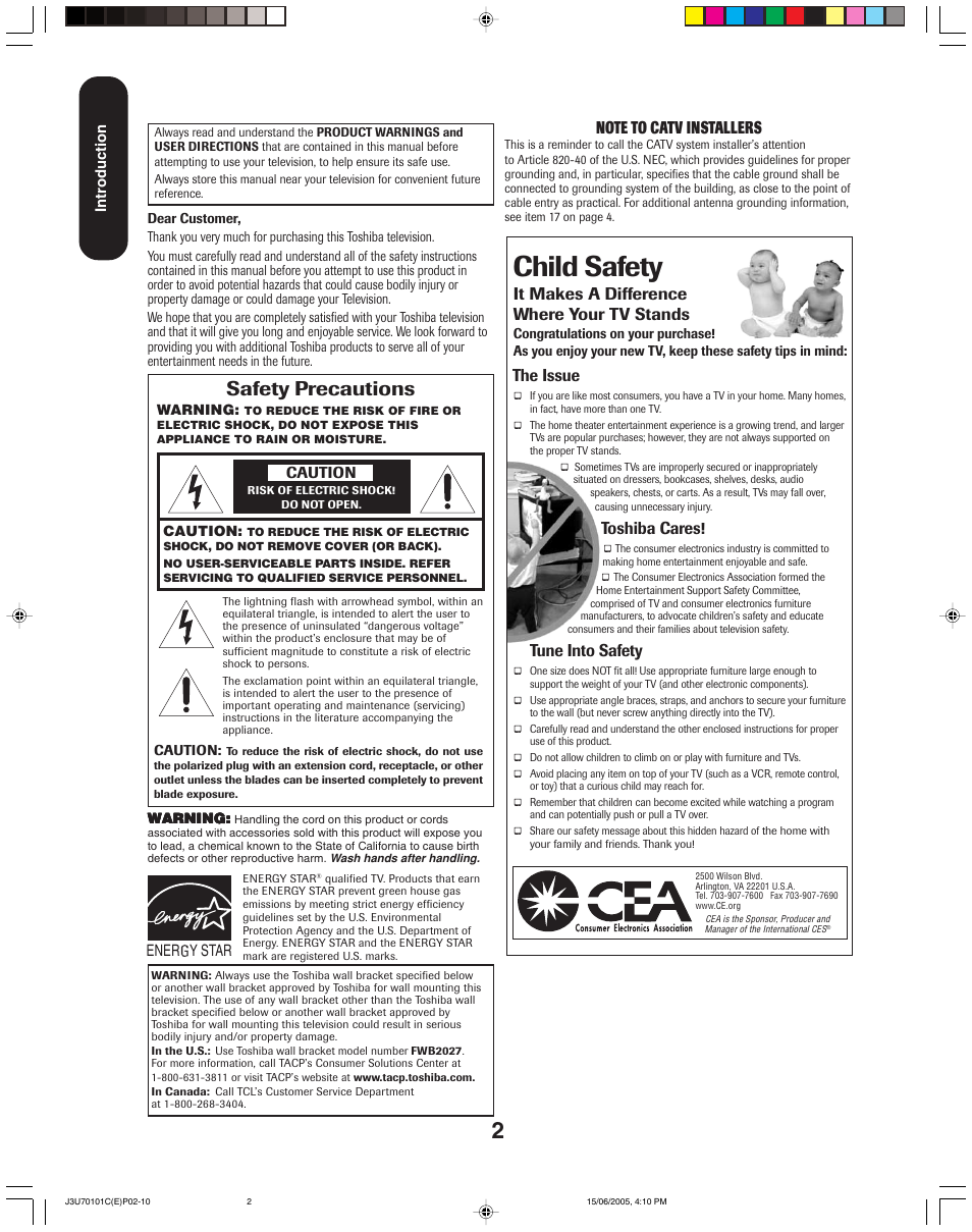 Child safety, Safety precautions, It makes a difference where your tv stands | The issue, Toshiba cares, Tune into safety | Toshiba 20HL85 User Manual | Page 2 / 48