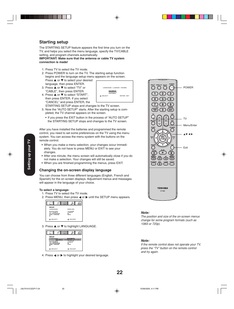 Starting setup, Changing the on-screen display language, Setting up your tv | Toshiba 20HL85 User Manual | Page 22 / 48