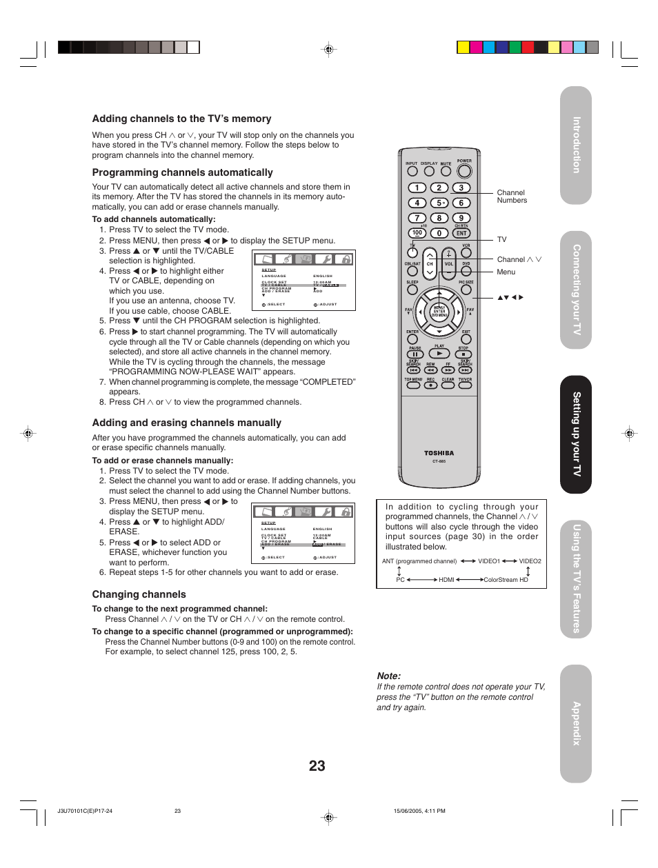 Programming channels automatically, Adding and erasing channels manually, Changing channels | Setting up your tv | Toshiba 20HL85 User Manual | Page 23 / 48