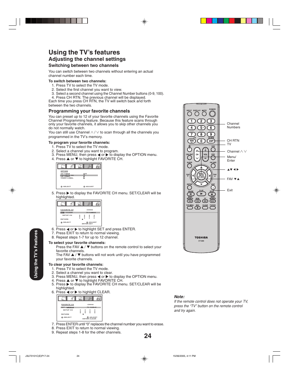 Using the tv’s features, Adjusting the channel settings, Programming your favorite channels | Switching between two channels, Using the tv ’s features | Toshiba 20HL85 User Manual | Page 24 / 48