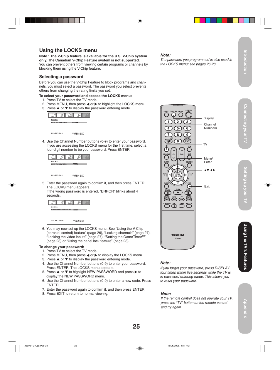 Using the locks menu, Selecting a password, Using the tv ’s features | Toshiba 20HL85 User Manual | Page 25 / 48