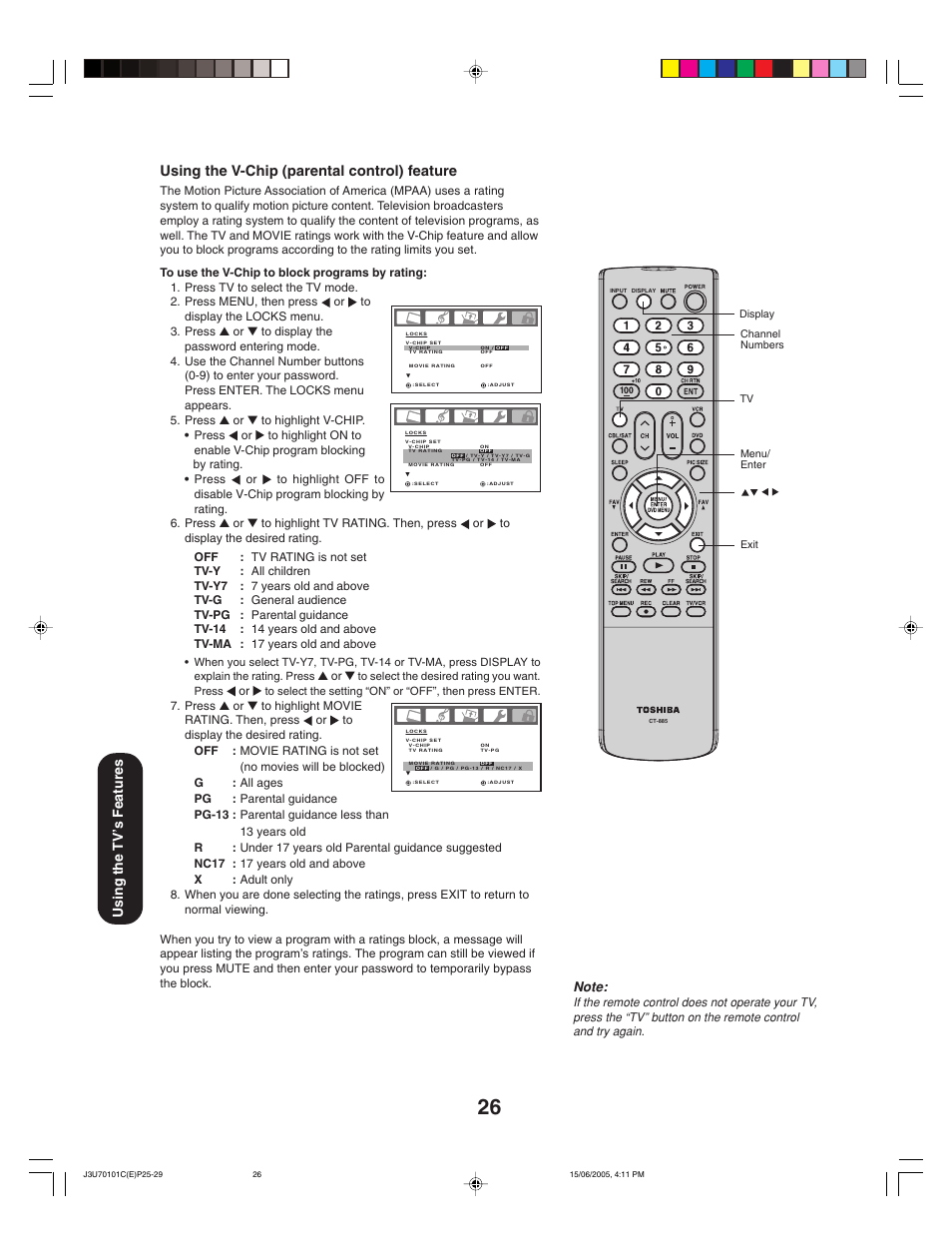 Using the v-chip (parental control) feature, Using the tv ’s features | Toshiba 20HL85 User Manual | Page 26 / 48