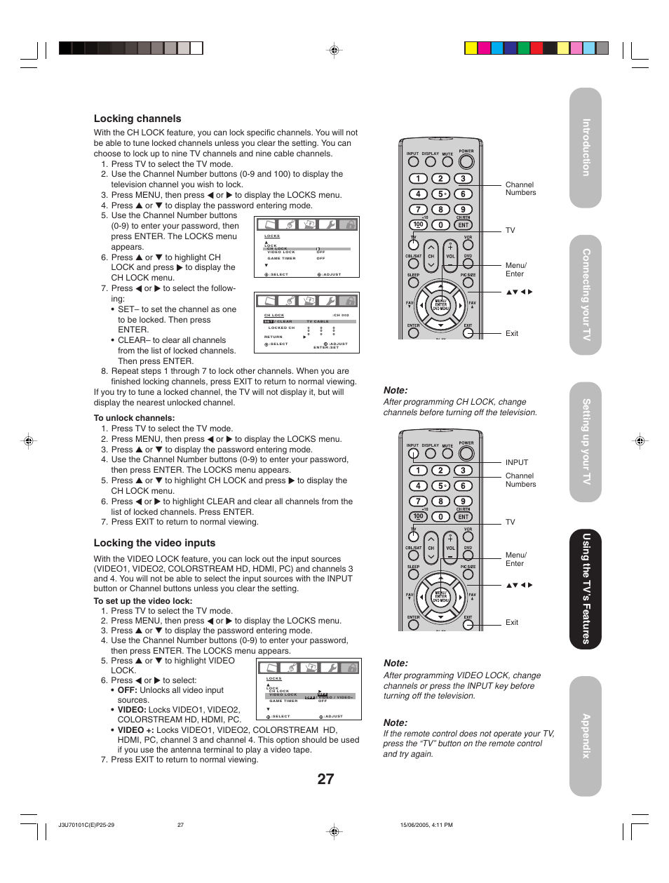 Locking the video inputs, Locking channels, Using the tv ’s features | Toshiba 20HL85 User Manual | Page 27 / 48