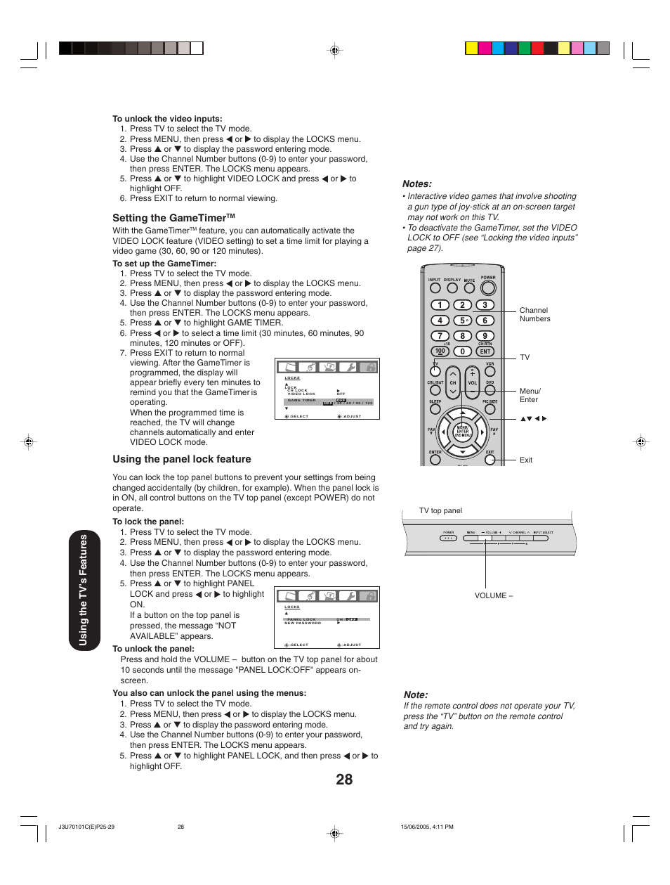 Using the panel lock feature, Setting the gametimer, Using the tv ’s features | Toshiba 20HL85 User Manual | Page 28 / 48