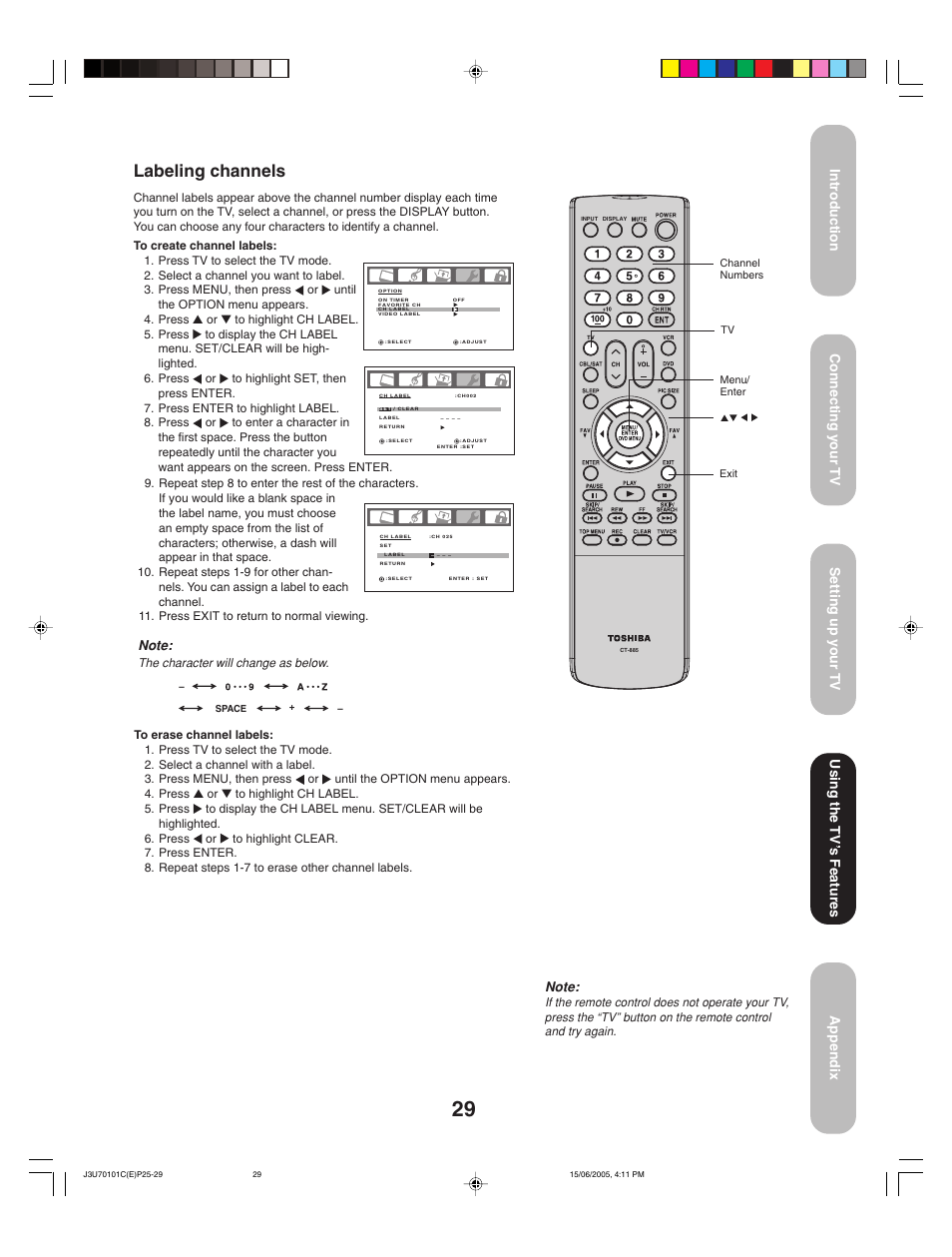 Labeling channels, Using the tv ’s features | Toshiba 20HL85 User Manual | Page 29 / 48