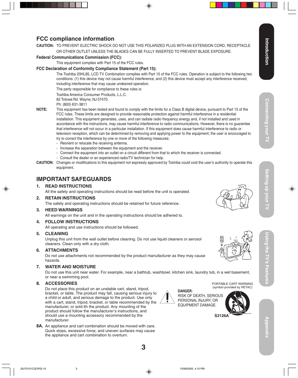 Fcc compliance information, Important safeguards | Toshiba 20HL85 User Manual | Page 3 / 48