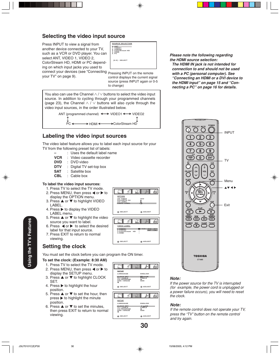 Setting the clock, Selecting the video input source, Labeling the video input sources | Using the tv’ s features | Toshiba 20HL85 User Manual | Page 30 / 48