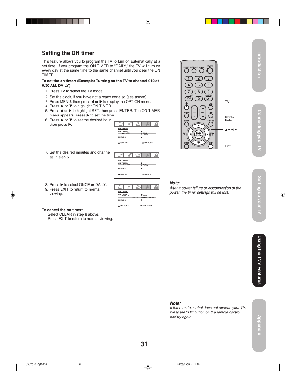 Setting the on timer, Using the tv ’s features | Toshiba 20HL85 User Manual | Page 31 / 48