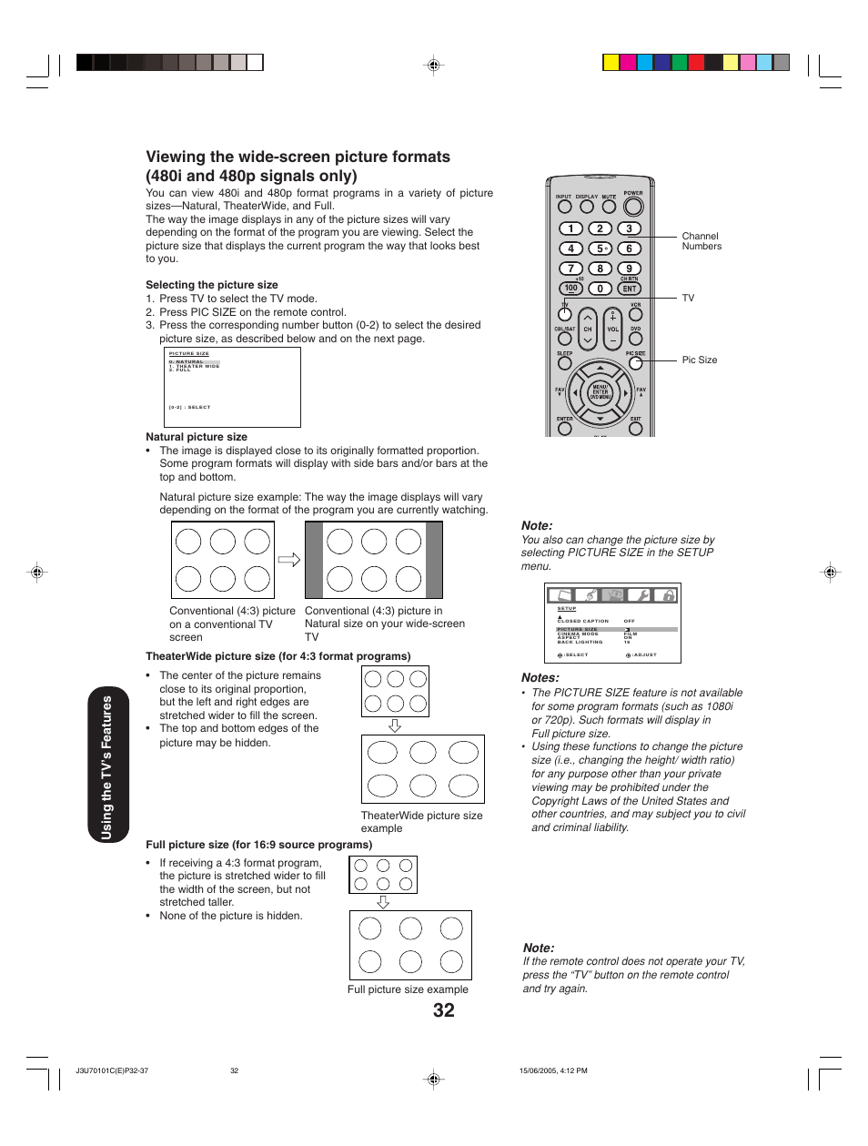 Using the tv’ s features | Toshiba 20HL85 User Manual | Page 32 / 48