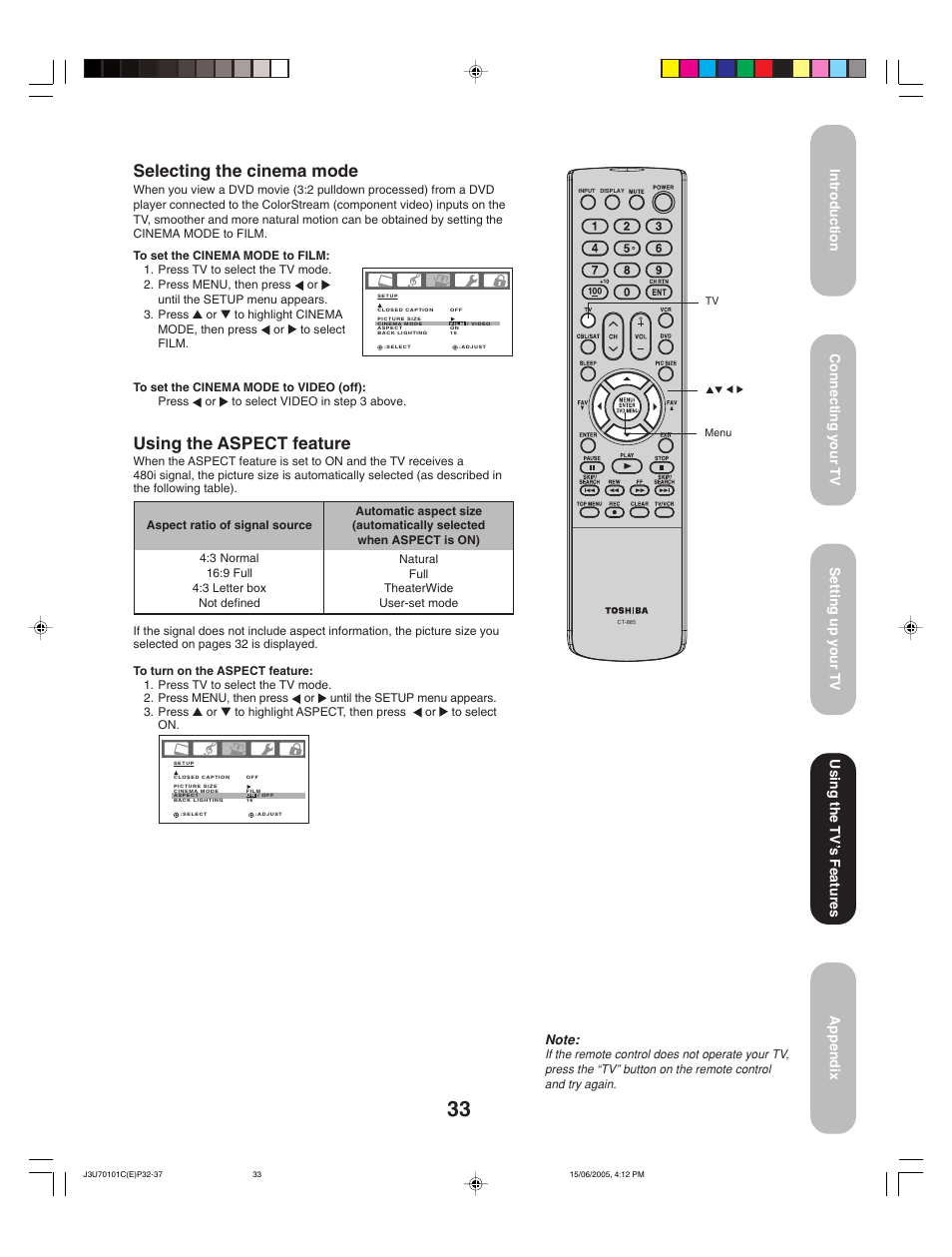 Selecting the cinema mode, Using the aspect feature, Using the tv ’s features | Toshiba 20HL85 User Manual | Page 33 / 48