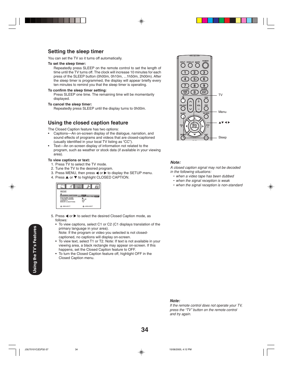 Setting the sleep timer, Using the closed caption feature, Using the tv ’s features | Toshiba 20HL85 User Manual | Page 34 / 48