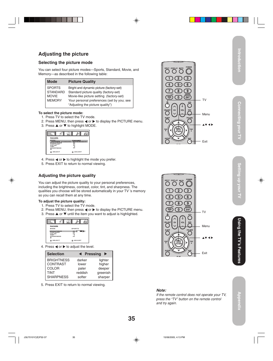 Adjusting the picture, Selecting the picture mode | Toshiba 20HL85 User Manual | Page 35 / 48