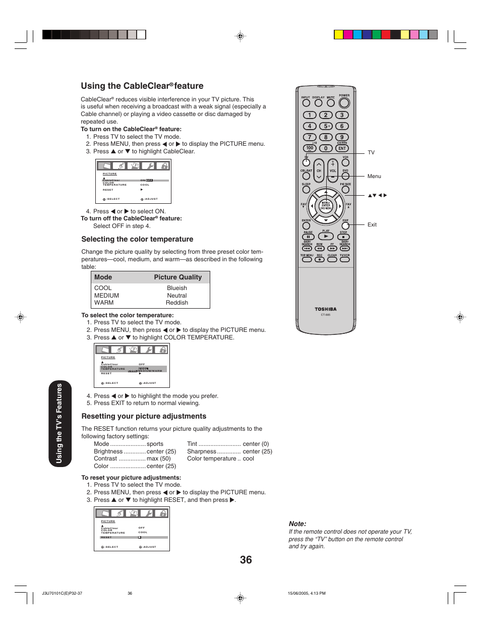 Using the cableclear, Feature, Resetting your picture adjustments | Mode picture quality | Toshiba 20HL85 User Manual | Page 36 / 48