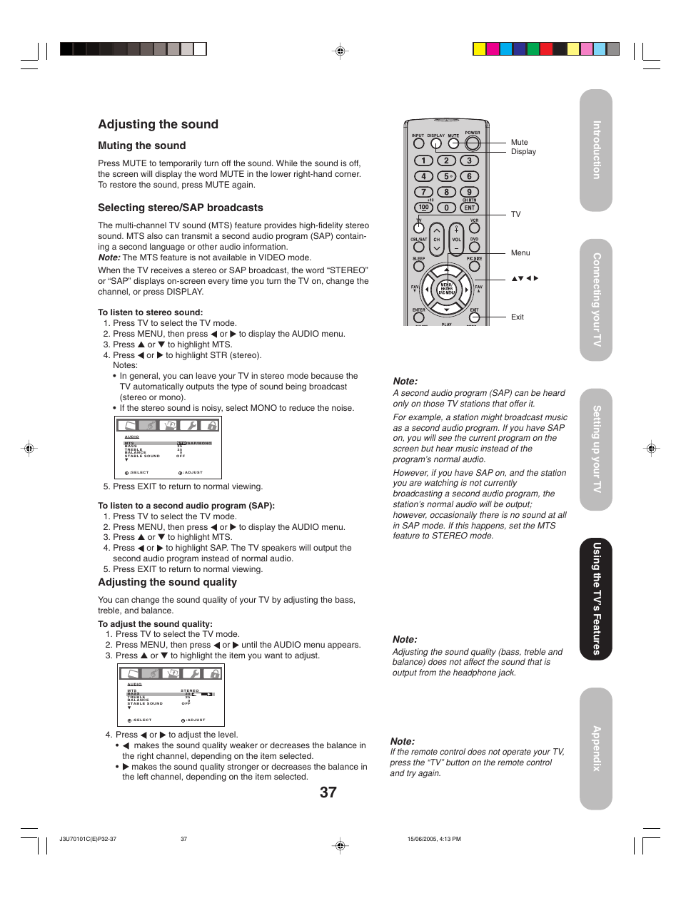 Adjusting the sound, Muting the sound, Selecting stereo/sap broadcasts | Toshiba 20HL85 User Manual | Page 37 / 48