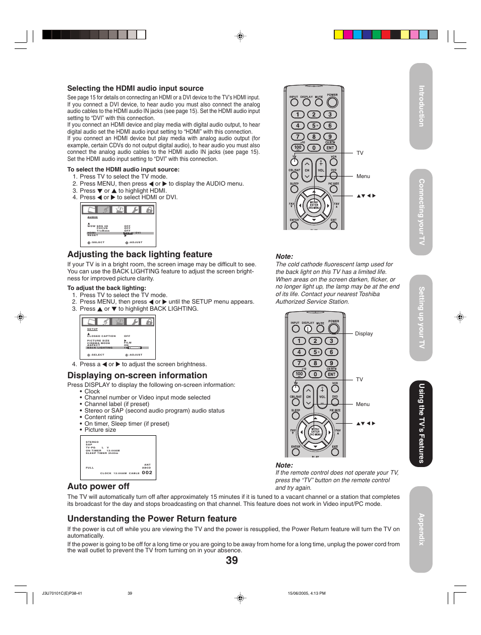 Auto power off, Understanding the power return feature, Adjusting the back lighting feature | Displaying on-screen information, Using the tv ’s features, Selecting the hdmi audio input source | Toshiba 20HL85 User Manual | Page 39 / 48