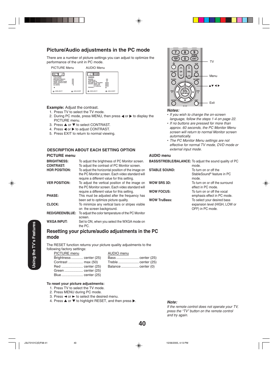 Picture/audio adjustments in the pc mode | Toshiba 20HL85 User Manual | Page 40 / 48