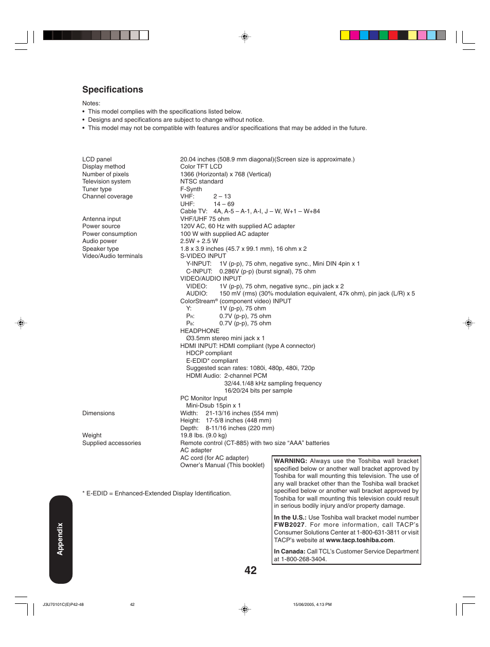 Specifications | Toshiba 20HL85 User Manual | Page 42 / 48