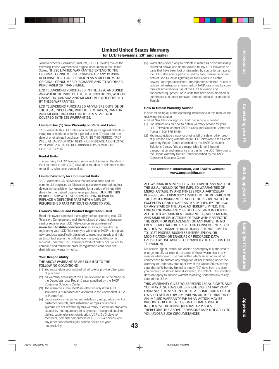 Limited united states warranty | Toshiba 20HL85 User Manual | Page 43 / 48