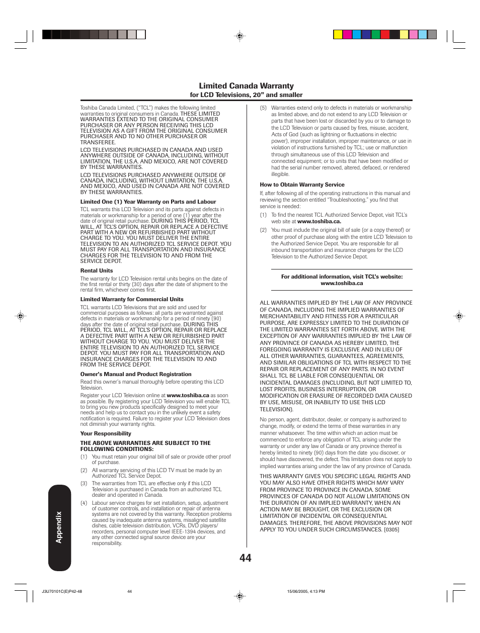 Limited canada warranty | Toshiba 20HL85 User Manual | Page 44 / 48