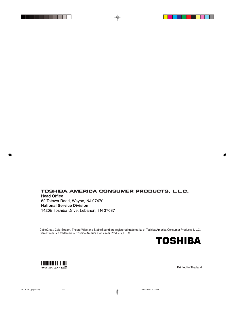 National service division | Toshiba 20HL85 User Manual | Page 48 / 48