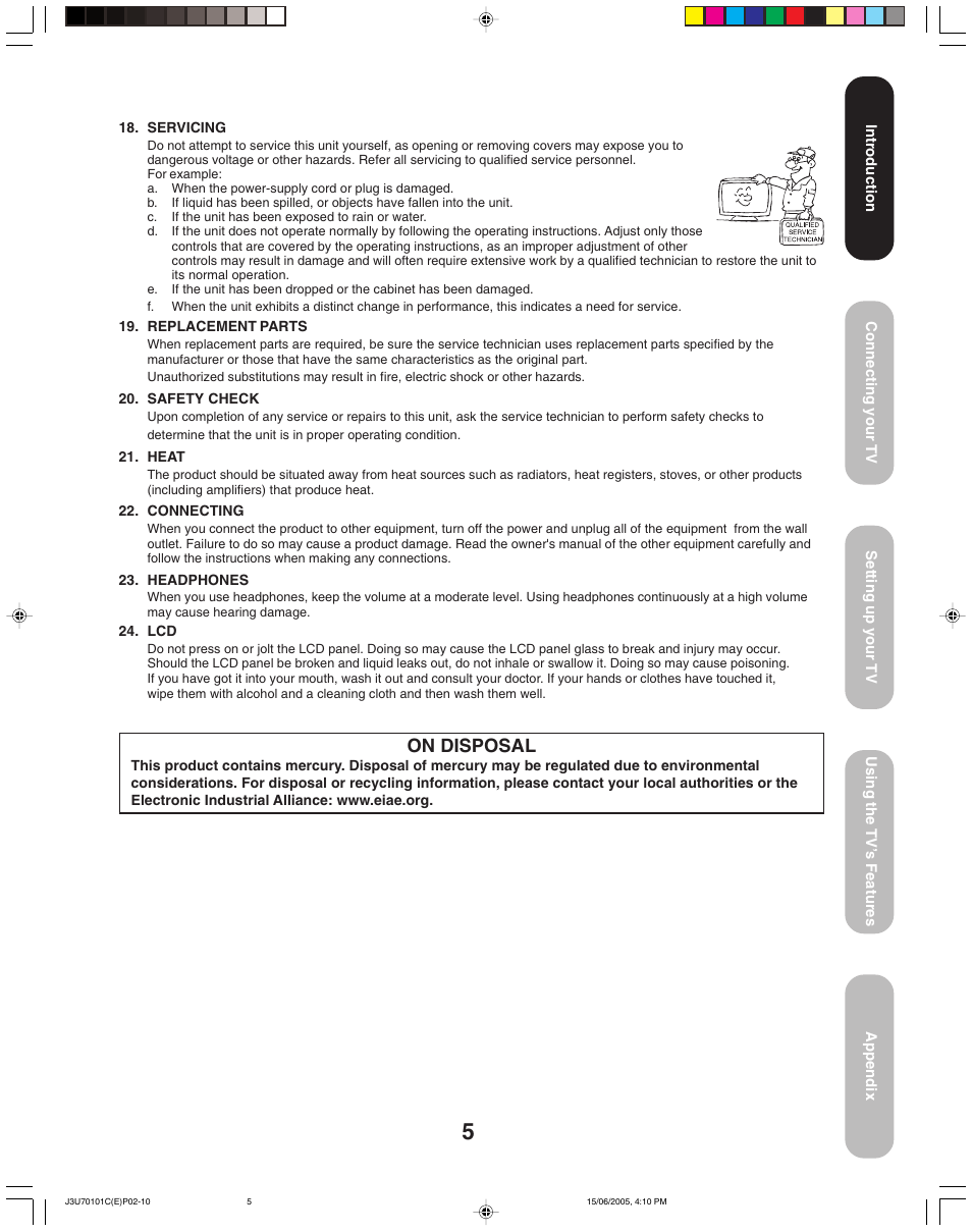 On disposal | Toshiba 20HL85 User Manual | Page 5 / 48